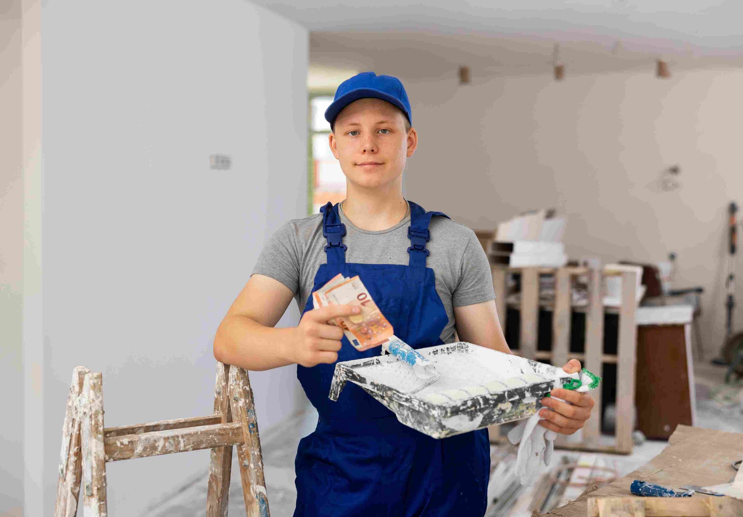 Mladi radnik u radnom odelu drži novac i alat za krečenje